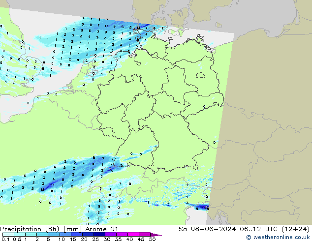 Precipitation (6h) Arome 01 Sa 08.06.2024 12 UTC