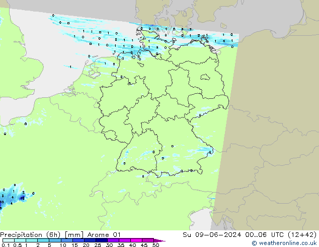 Totale neerslag (6h) Arome 01 zo 09.06.2024 06 UTC
