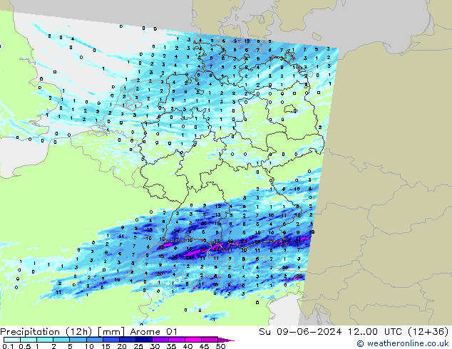 Totale neerslag (12h) Arome 01 zo 09.06.2024 00 UTC