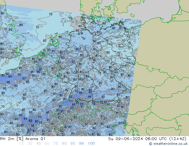 RH 2m Arome 01 Ne 09.06.2024 06 UTC