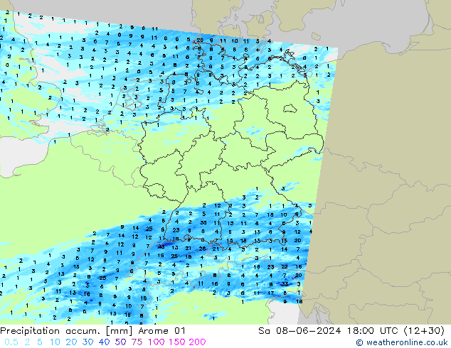 Precipitation accum. Arome 01  08.06.2024 18 UTC