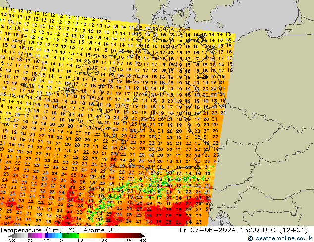 Temperatuurkaart (2m) Arome 01 vr 07.06.2024 13 UTC