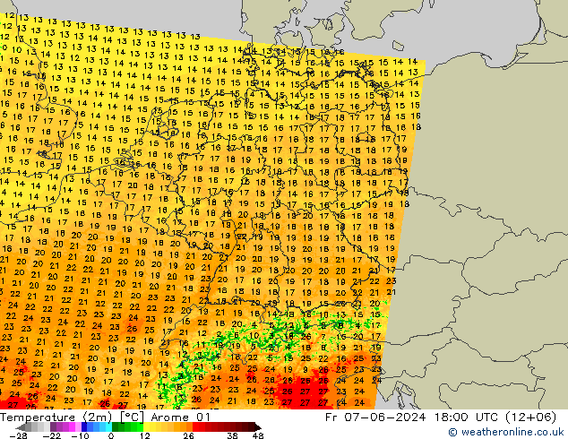 Temperature (2m) Arome 01 Fr 07.06.2024 18 UTC