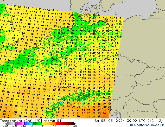 Temperatura (2m) Arome 01 sab 08.06.2024 00 UTC