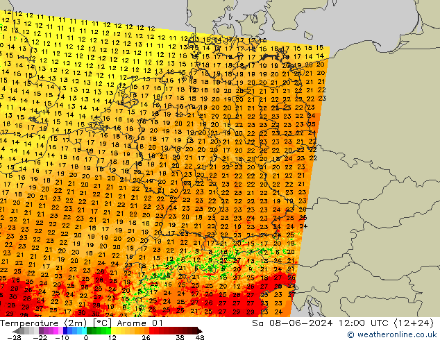 Temperatura (2m) Arome 01 sáb 08.06.2024 12 UTC