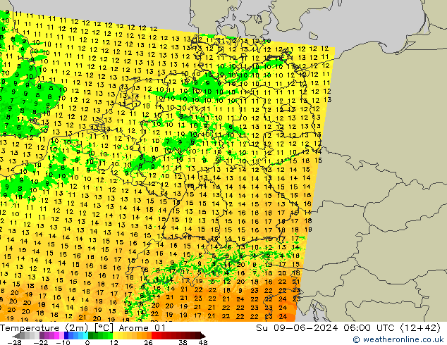 Sıcaklık Haritası (2m) Arome 01 Paz 09.06.2024 06 UTC