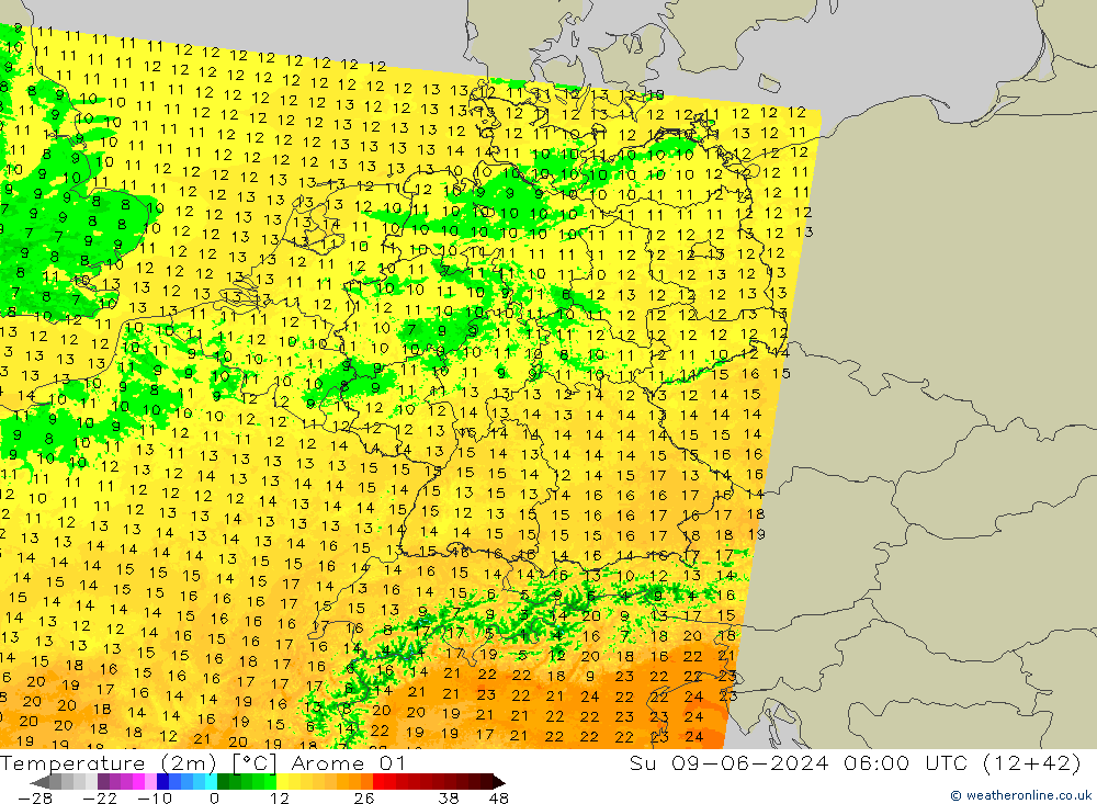 Temperatura (2m) Arome 01 dom 09.06.2024 06 UTC