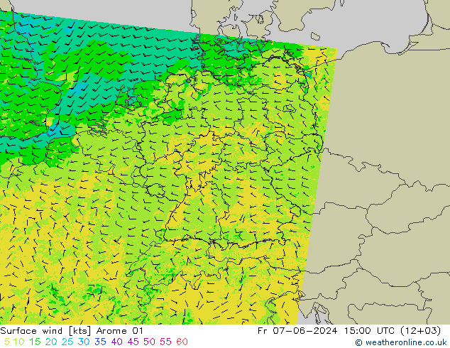 Surface wind Arome 01 Pá 07.06.2024 15 UTC