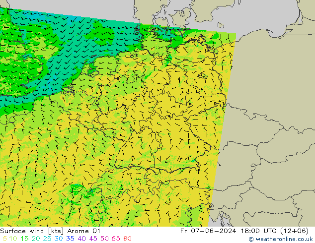 wiatr 10 m Arome 01 pt. 07.06.2024 18 UTC