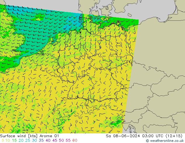 Vento 10 m Arome 01 sab 08.06.2024 03 UTC