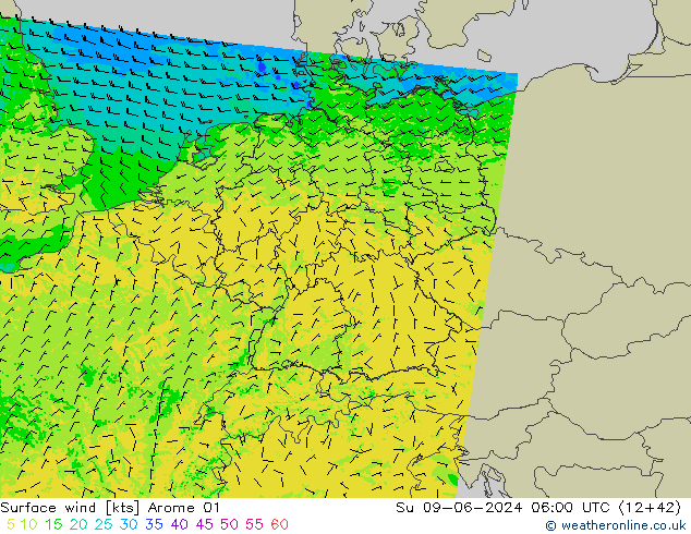 wiatr 10 m Arome 01 nie. 09.06.2024 06 UTC