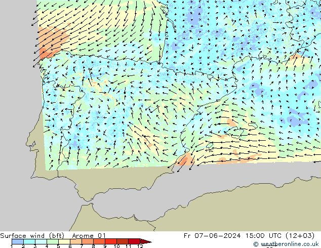 Surface wind (bft) Arome 01 Fr 07.06.2024 15 UTC