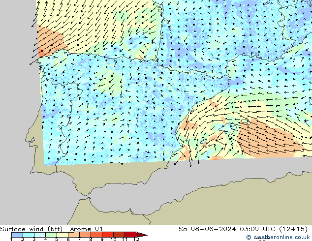 Surface wind (bft) Arome 01 So 08.06.2024 03 UTC