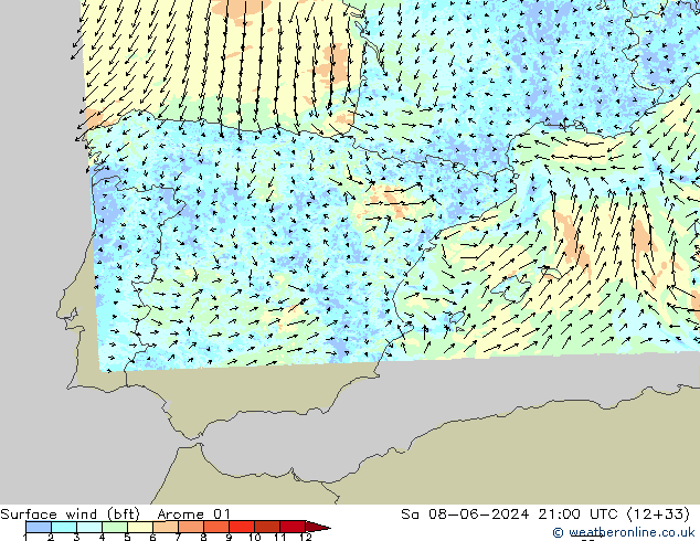 wiatr 10 m (bft) Arome 01 so. 08.06.2024 21 UTC