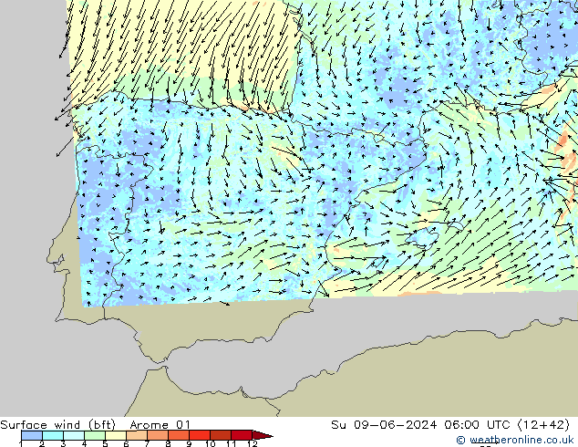 Vent 10 m (bft) Arome 01 dim 09.06.2024 06 UTC