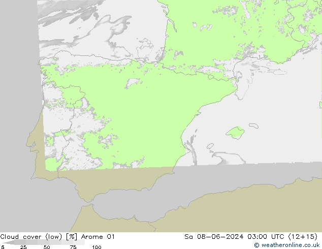 Cloud cover (low) Arome 01 Sa 08.06.2024 03 UTC