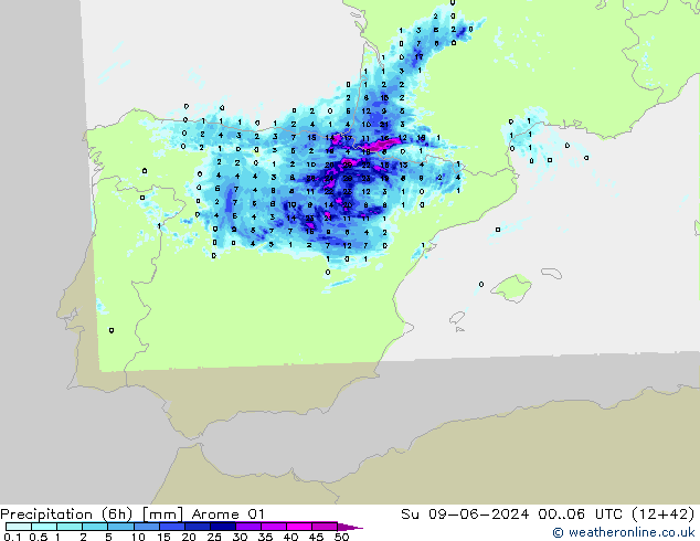 Precipitation (6h) Arome 01 Su 09.06.2024 06 UTC