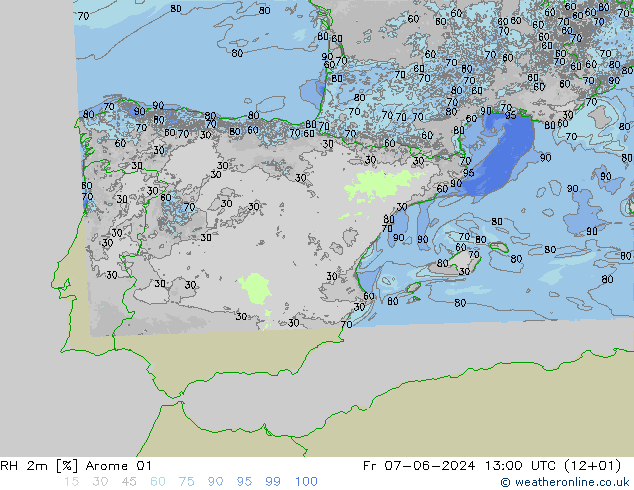 RH 2m Arome 01 ven 07.06.2024 13 UTC