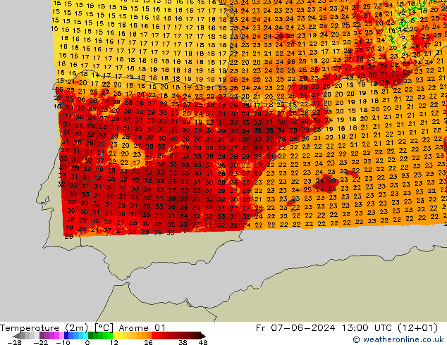 Sıcaklık Haritası (2m) Arome 01 Cu 07.06.2024 13 UTC