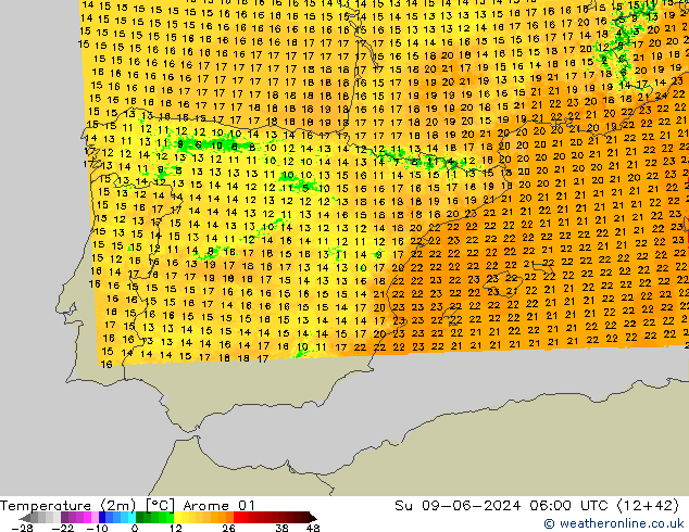 Temperatura (2m) Arome 01 dom 09.06.2024 06 UTC