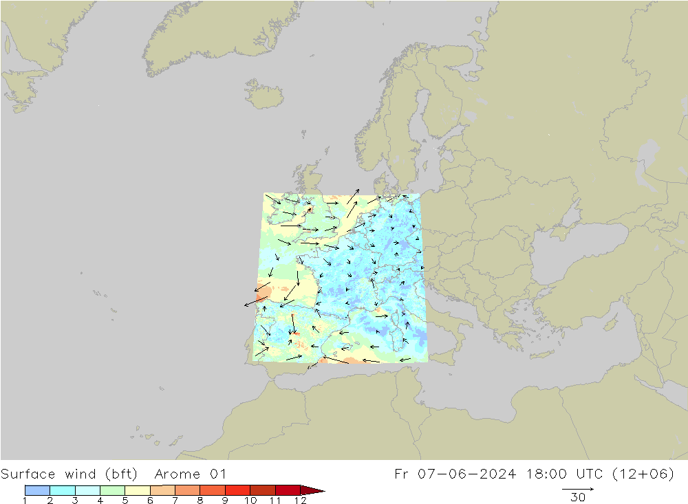 Viento 10 m (bft) Arome 01 vie 07.06.2024 18 UTC