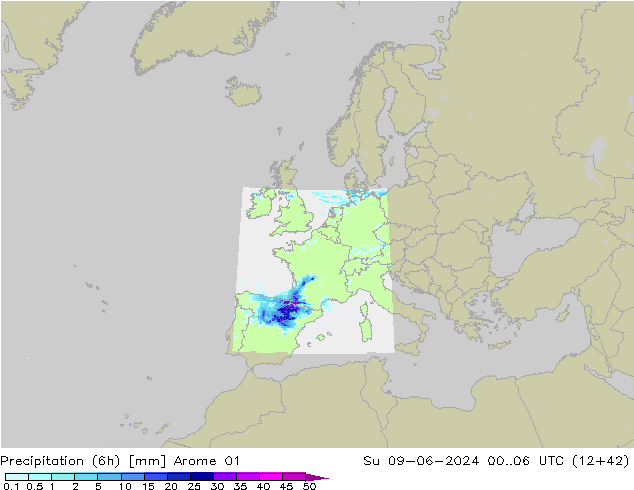 Totale neerslag (6h) Arome 01 zo 09.06.2024 06 UTC
