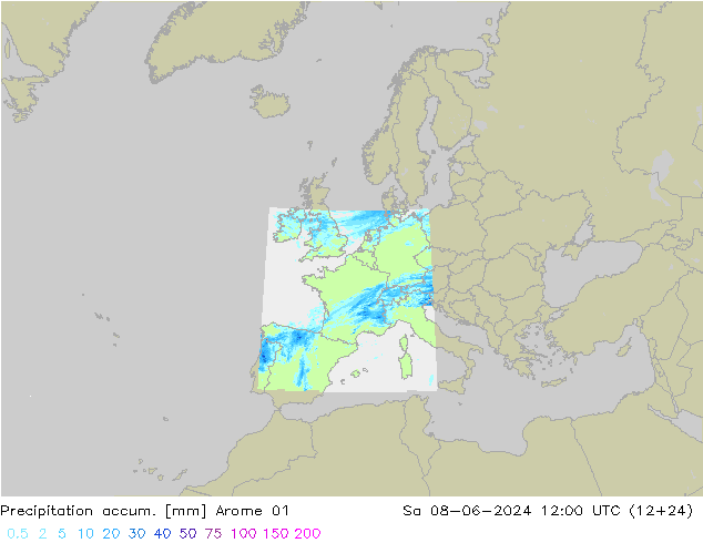 Precipitation accum. Arome 01 Sáb 08.06.2024 12 UTC