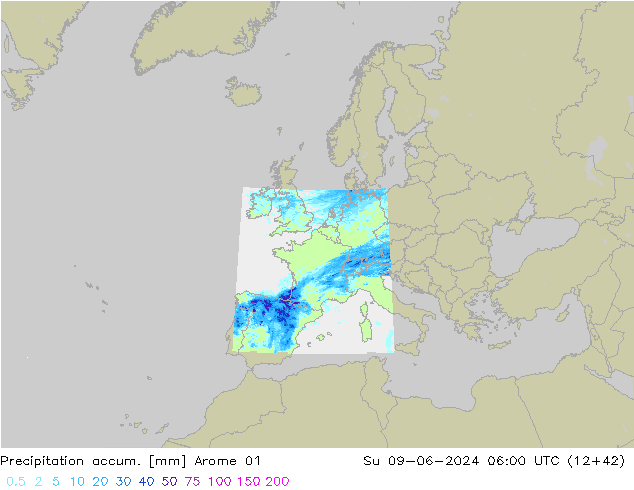 Precipitation accum. Arome 01 Su 09.06.2024 06 UTC