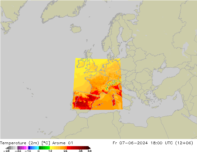 Temperatuurkaart (2m) Arome 01 vr 07.06.2024 18 UTC