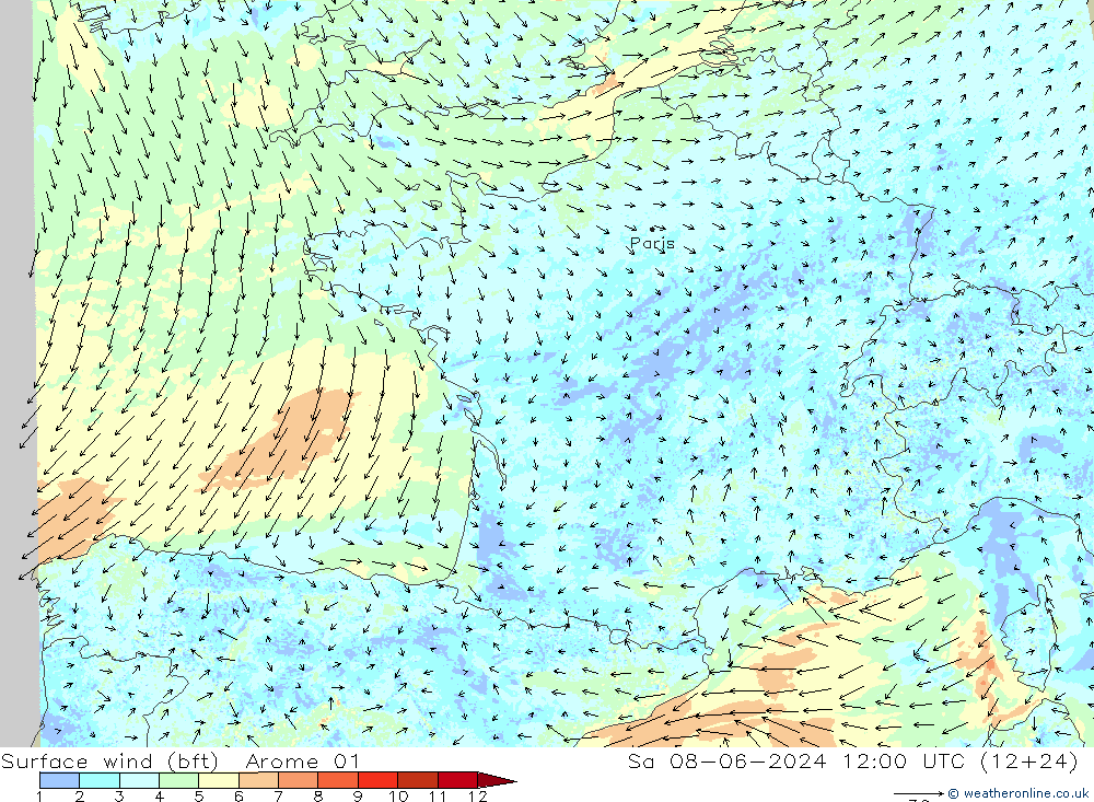 Bodenwind (bft) Arome 01 Sa 08.06.2024 12 UTC