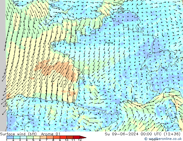 Surface wind (bft) Arome 01 Su 09.06.2024 00 UTC