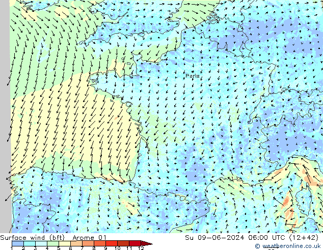 Surface wind (bft) Arome 01 Ne 09.06.2024 06 UTC