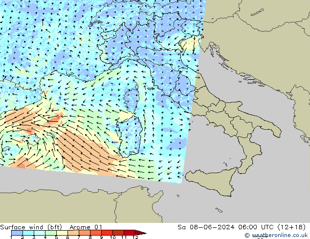 Viento 10 m (bft) Arome 01 sáb 08.06.2024 06 UTC