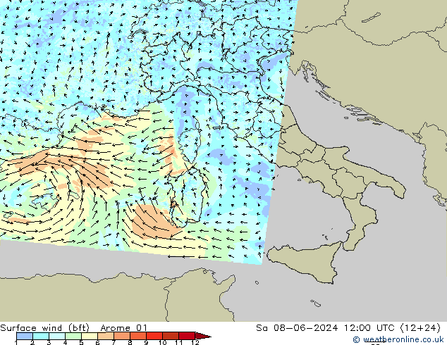 Surface wind (bft) Arome 01 So 08.06.2024 12 UTC