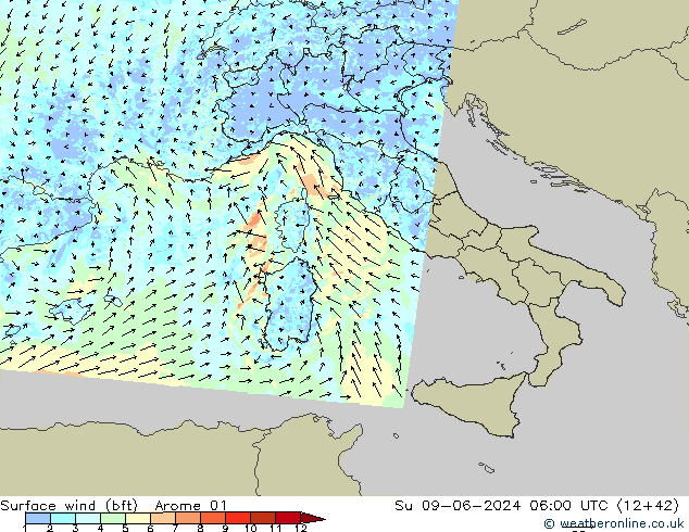 Surface wind (bft) Arome 01 Ne 09.06.2024 06 UTC