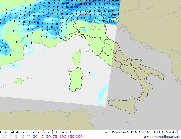 Precipitation accum. Arome 01  09.06.2024 06 UTC