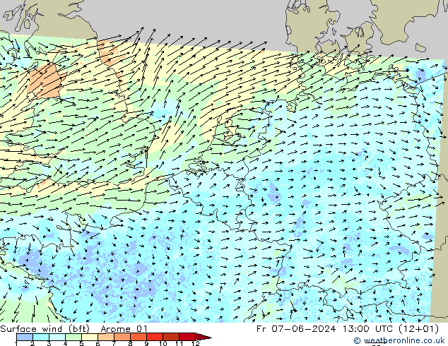 Wind 10 m (bft) Arome 01 vr 07.06.2024 13 UTC