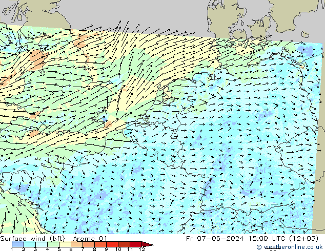 Viento 10 m (bft) Arome 01 vie 07.06.2024 15 UTC