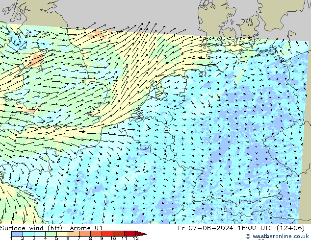 Surface wind (bft) Arome 01 Fr 07.06.2024 18 UTC