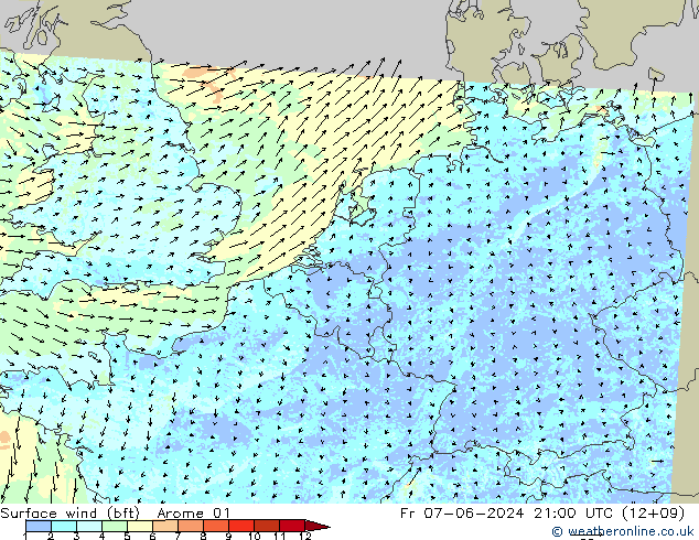 Surface wind (bft) Arome 01 Pá 07.06.2024 21 UTC