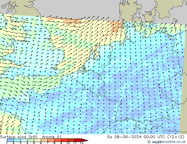 Wind 10 m (bft) Arome 01 za 08.06.2024 00 UTC