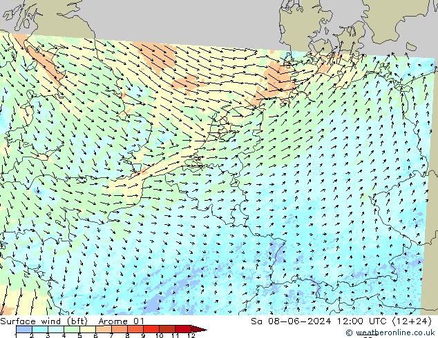 Rüzgar 10 m (bft) Arome 01 Cts 08.06.2024 12 UTC