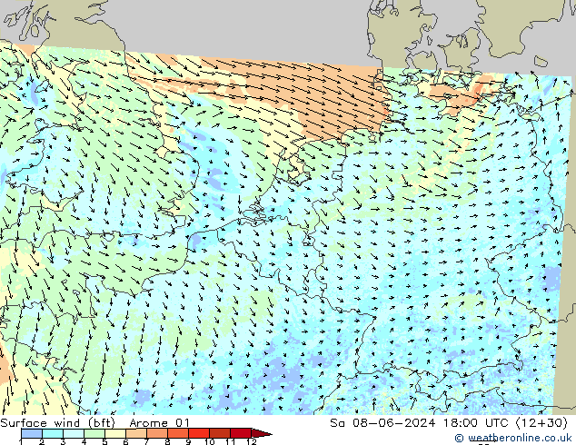 Bodenwind (bft) Arome 01 Sa 08.06.2024 18 UTC