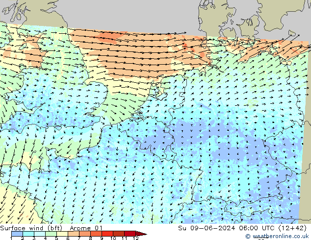 Rüzgar 10 m (bft) Arome 01 Paz 09.06.2024 06 UTC