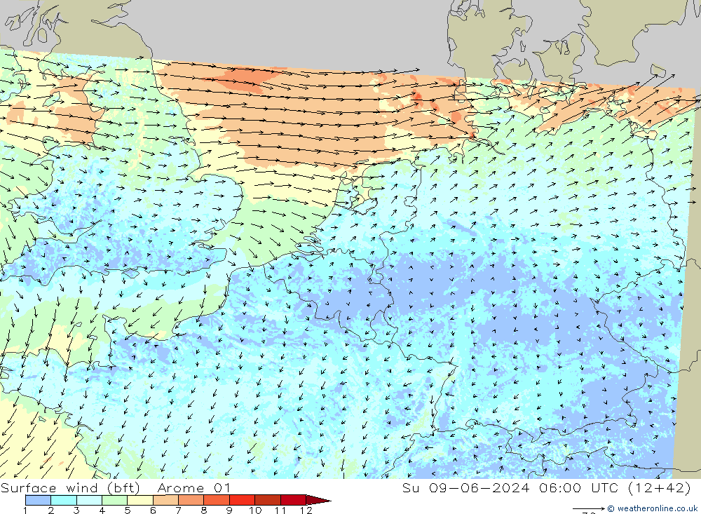 Surface wind (bft) Arome 01 Su 09.06.2024 06 UTC