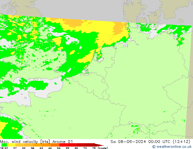 Max. wind velocity Arome 01 sáb 08.06.2024 00 UTC