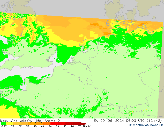 Max. wind velocity Arome 01 Вс 09.06.2024 06 UTC