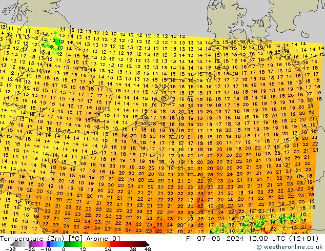 Temperature (2m) Arome 01 Fr 07.06.2024 13 UTC