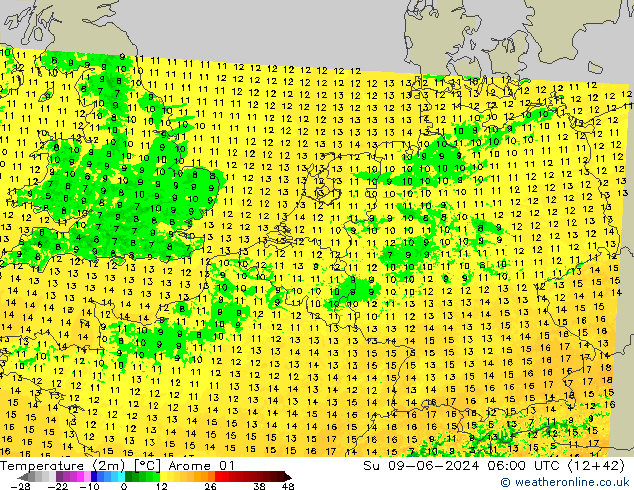 température (2m) Arome 01 dim 09.06.2024 06 UTC