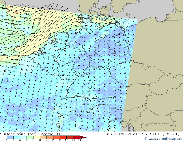 �N 10 米 (bft) Arome 01 星期五 07.06.2024 19 UTC